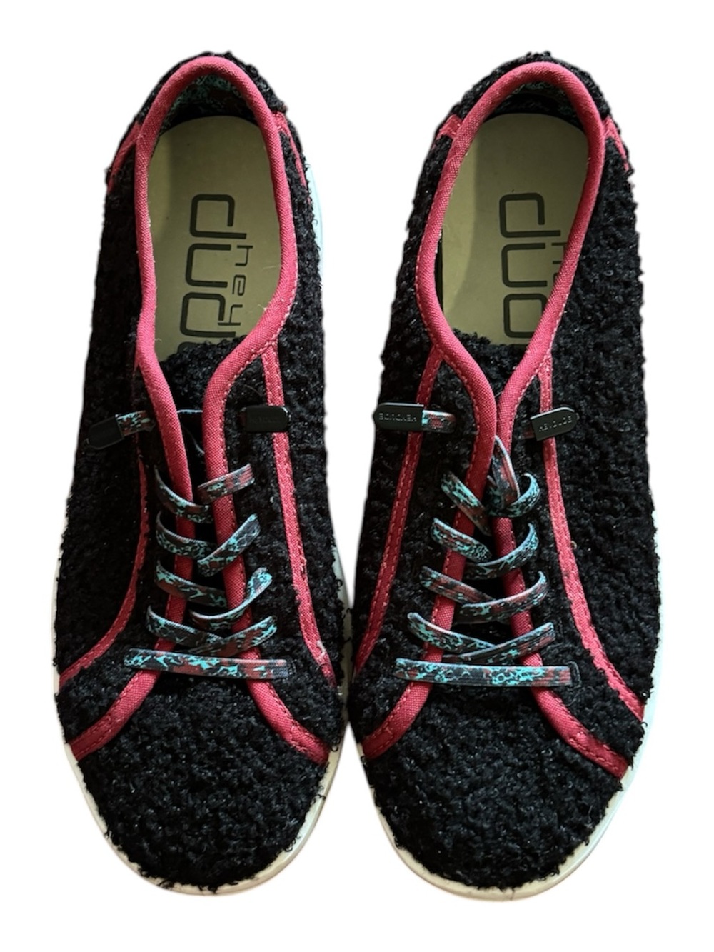 Hey Dude Women's Black Bouclé Sneakers with Pink Trim